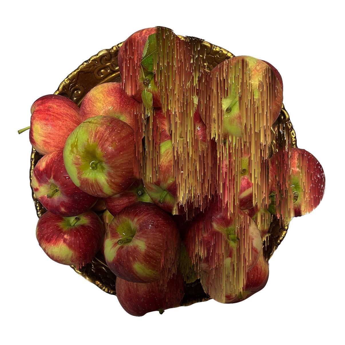 A bowl of red apples, partly smeared by digital distortion