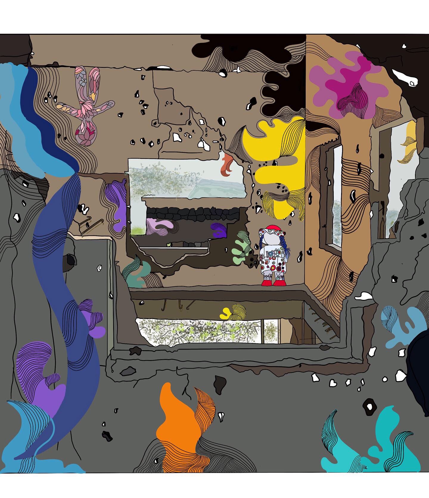 Digital drawing of a ruined house interior overgrown with colourful abstract plant forms, a small doll standing inside