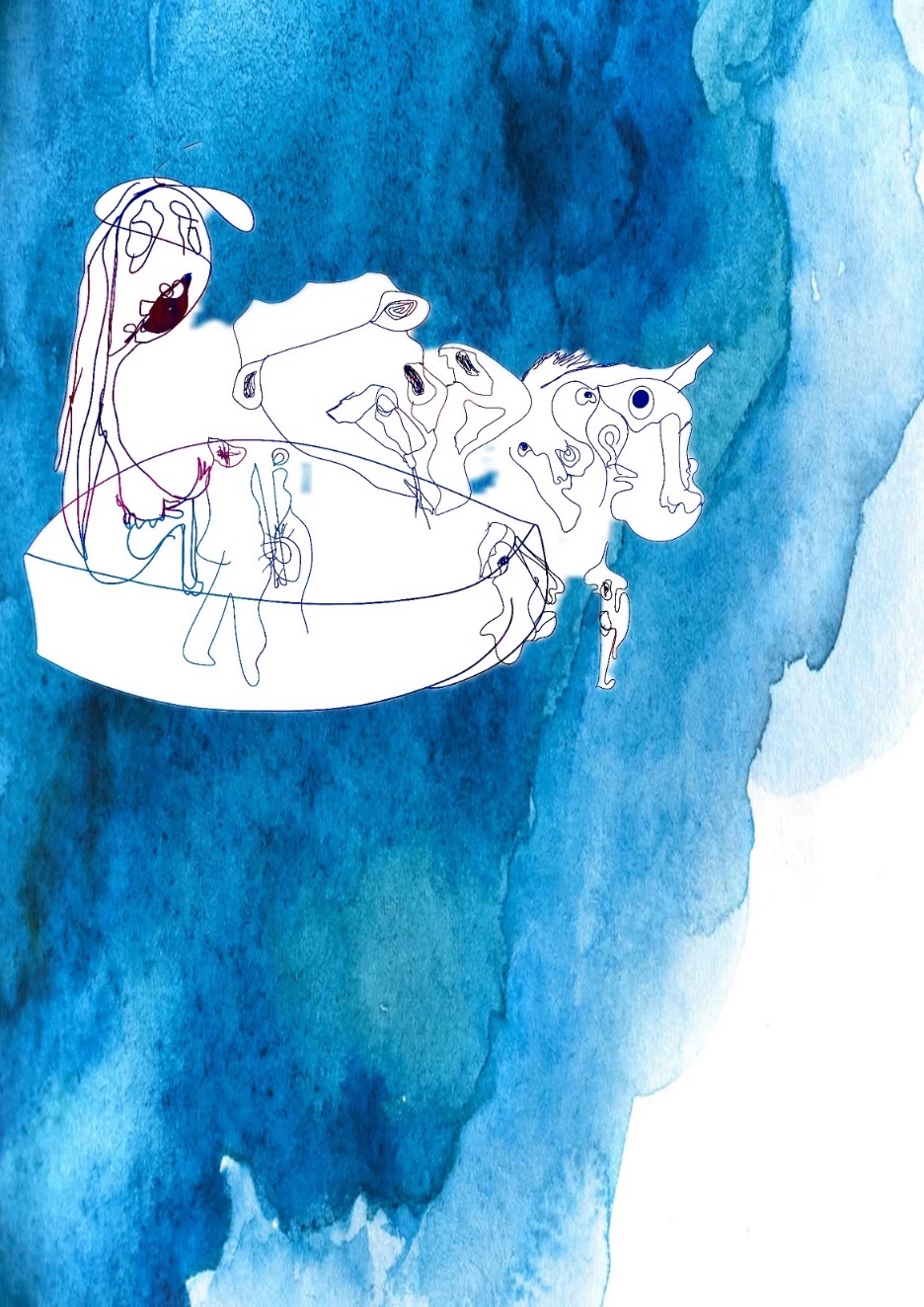 Line drawing of crowded figures in a boat over a deep blue watercolour wash