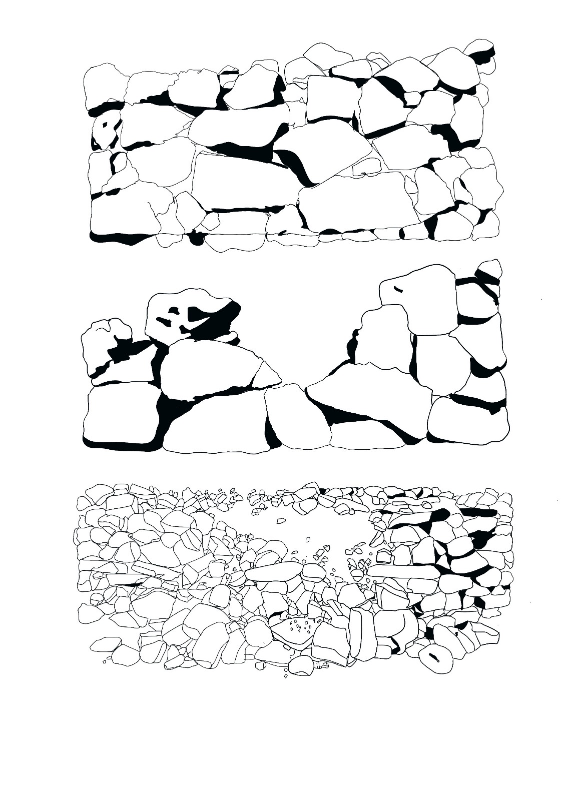 Black-and-white line drawings of three collapsing stone walls